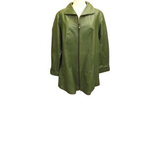 Roamans Womens Genuine Leather A-Line Jacket Green Size 16W Collar & Pockets